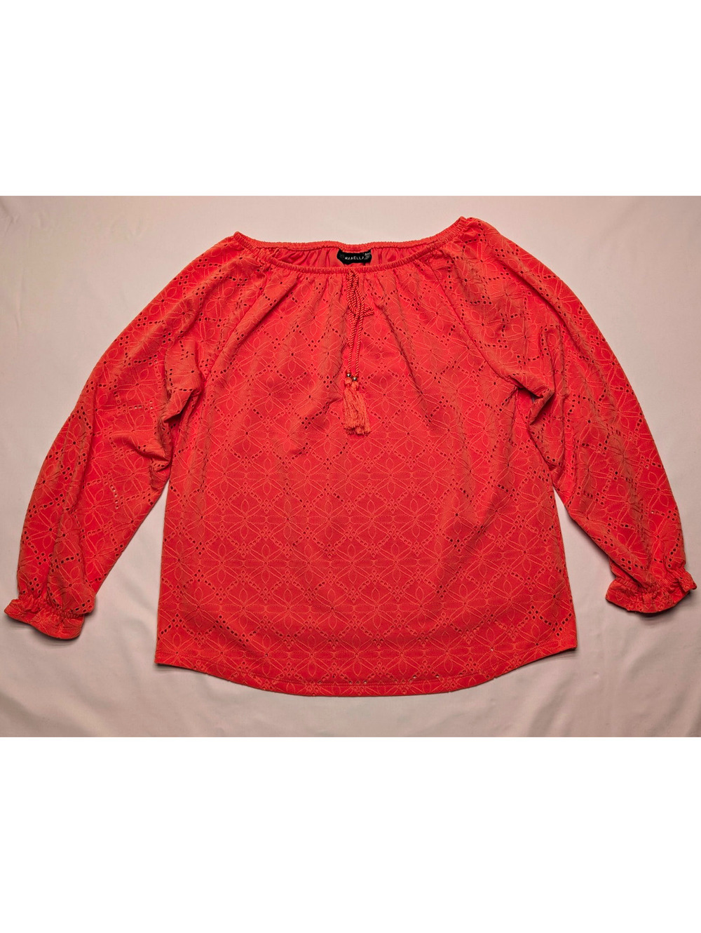 Rafaella Coral Orange Floral Geometric Eyelet Tassel Scoop Neck Blouse Sz M